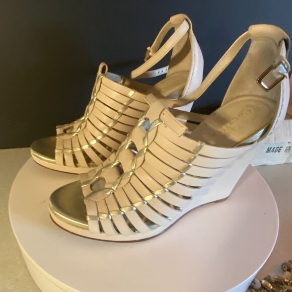 Cole Haan Nike Air Gold & Cream Leather Woven Wedge Sandals – Size 7B - Picture 16 of 16